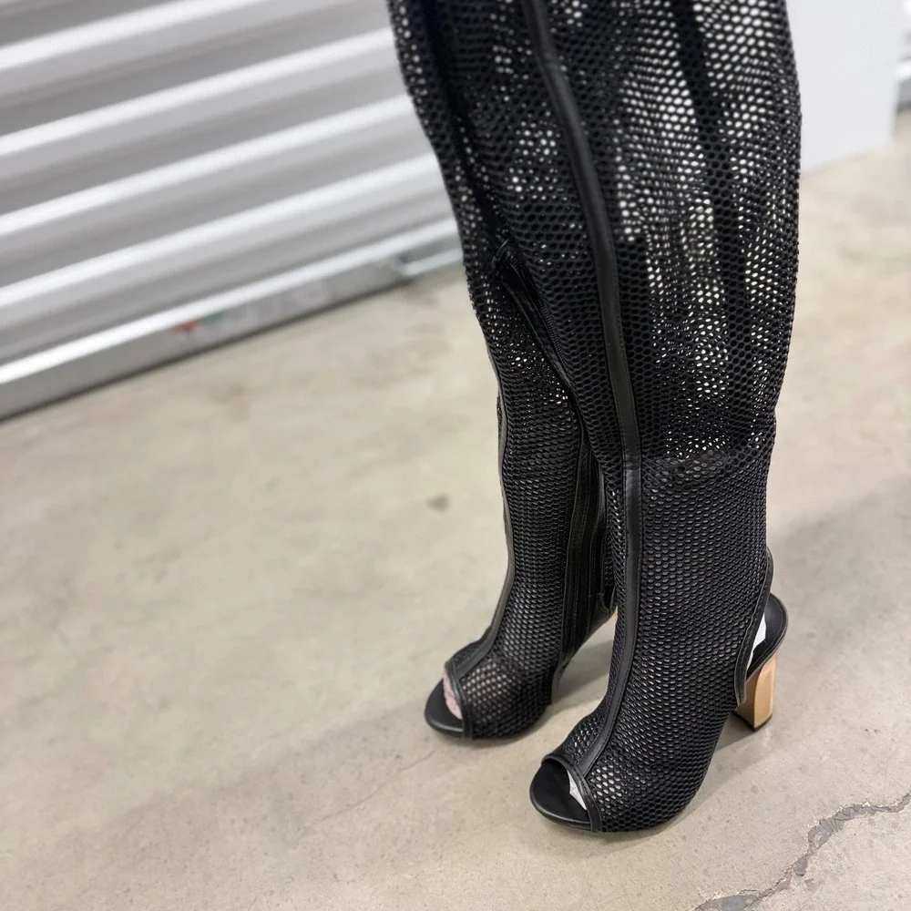 Bamboo Black Mesh Over The Knee Boots Open Toe Gold Block Heel Womens 7